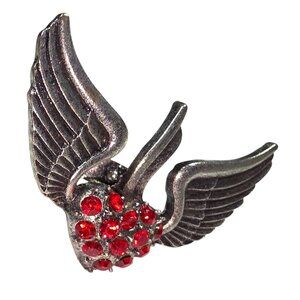 Vtg Gothic Winged Heart Ring Red Rhinestones Adj Band Silver-Tone Metal Unisex
